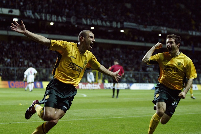 Henrik Larsson, here celebrating his winning goal against Boavista in the semi-final, was Celtic’s main dangerman