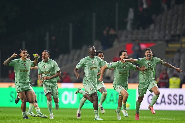 Famalicão players celebrate after beating Braga in the penalty shoutout in the Portuguese League Cup quarter-final last night