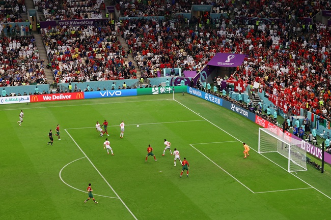 Rafael Leão scores Portugal’s sixth goal against Switzerland with a beautiful curling effort